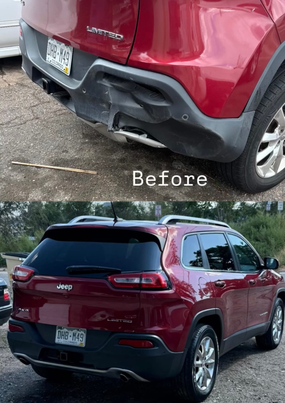 Red Jeep Cherokee with a damaged rear bumper, before and after repair